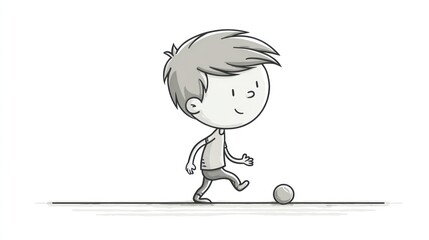 A grayscale cartoon illustration shows a cheerful young boy kicking a small ball on a white background