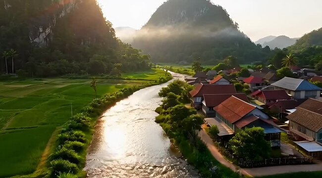 Serene rural village nestled beside a winding river with lush green rice fields and mist-covered mountains at sunrise.