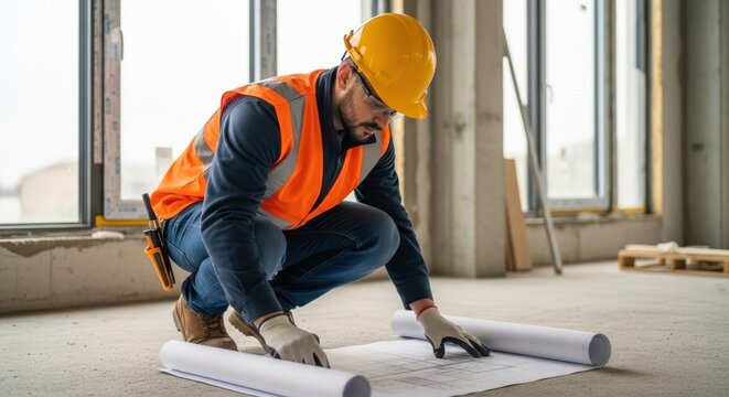 A construction worker in a hard hat and safety vest reviews blueprints on a building site