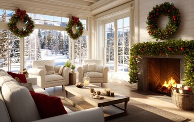 Obraz premium Cozy Winter Holiday Scene with Roaring Fireplace and Festive Decorations