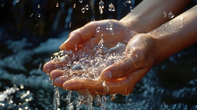 Person's cupped hands holding clean water droplets, sparkling under natural light
