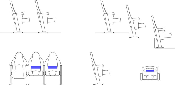 Architectural CAD blocks of auditorium and stadium seating arrangements, featuring side elevations on flat and tiered floor surfaces, along with front and top-view elevations of linked spectator chair