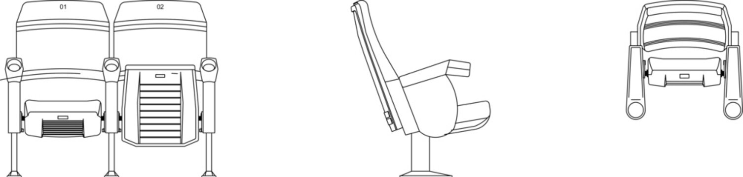 Technical architectural CAD blocks of auditorium or stadium seating, featuring front, side, and top-view elevations of linked chairs with visible seat numbering (01 and 02) and cup holders.