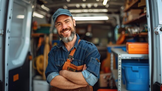 Smiling bearded man in cap and overalls stands proudly inside his organized work van