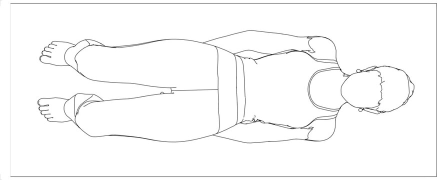 Top-view architectural CAD block of a person practicing yoga or lying in a prone position, featuring clean technical line art for floor plan layouts and human scale reference.