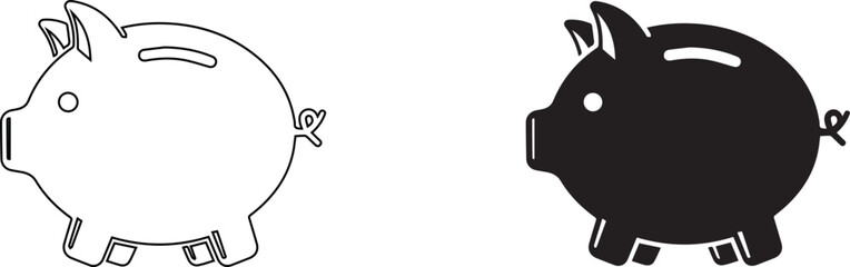 Vector Black piggy bank silhouette icon with falling coin for savings concept , Minimalist money box symbol