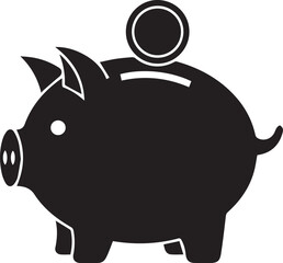 Vector Black piggy bank silhouette icon with falling coin for savings concept , Minimalist money box symbol