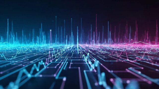 Futuristic digital sound wave animation with vibrant blue and pink glowing frequencies pulsing over neon grid landscape for data visualization