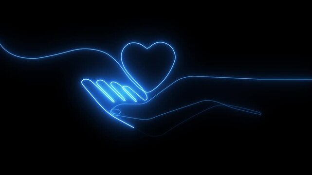neon Hands hold heart continuous one line drawing animation video. Charity donation linear concept animation,. Concept of love relations.4l
k