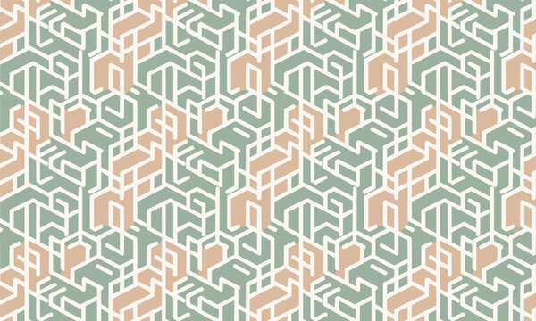Isometric 3D Geometric Maze Seamless Pattern Sage Green Peach Modern Vector