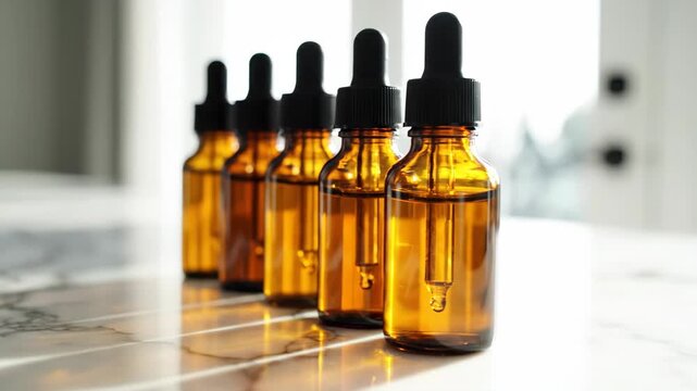 Row of amber glass dropper bottles containing herbal oil or serum on a marble table. Natural skincare, organic detox supplement, and wellness remedy concept
