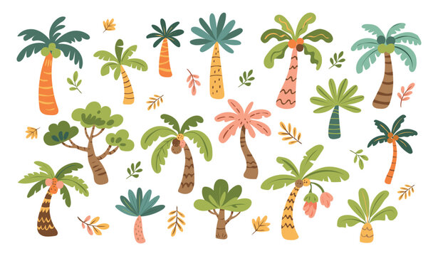 Cute palm tree illustration set. Cartoon palm tree collection. Childish safari tree Forest elements. Jungle tropical trees. Kids hand drawn nature landscape clip art. Funny baby vector illustration.