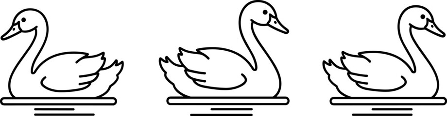 Fototapeta premium Three minimalist line art swans floating gracefully on calm water, vector illustration