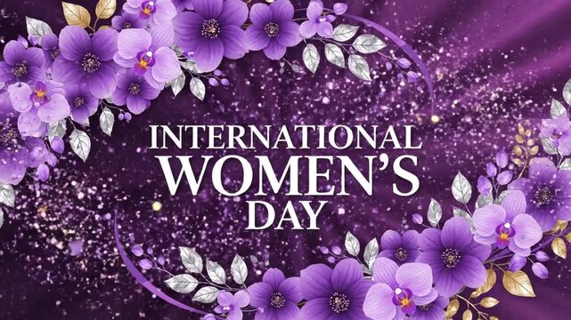 International Women's Day greeting with purple flowers and elegant leaves