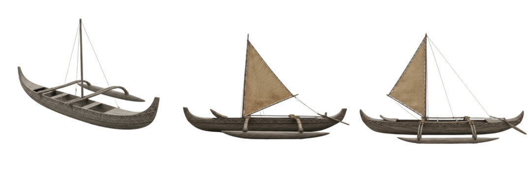 Polynesian vaka isolated on white background, traditional double-hulled canoe, Pacific island sailing vessel, ancient Polynesian watercraft, ocean navigation boat, island fleet vessel, traditional Pac