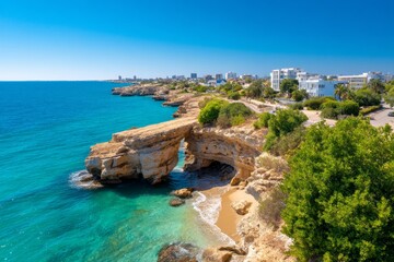 Fototapeta premium Aerial View of Coastal Cliffs and Sea Caves on a Sunny Holiday