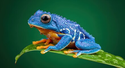 Obraz premium Blue, orange frog sits on wet green leaf