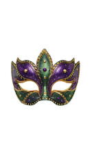 A Festive Purple and Green Masquerade Mask with Gold Trim and Accents on a Transparent Background. Digital Design Asset