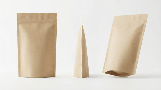 Kraft paper stand up pouch in three positions front side and angled view on bright white background with soft diffused lighting and no branding.