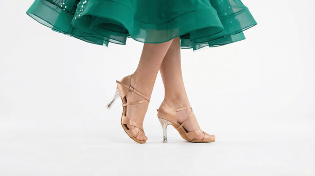 Ballroom dancer legs in nude Latin shoes with crystal heels in oversway pose with emerald green gown edge on white background and soft diffused studio light.