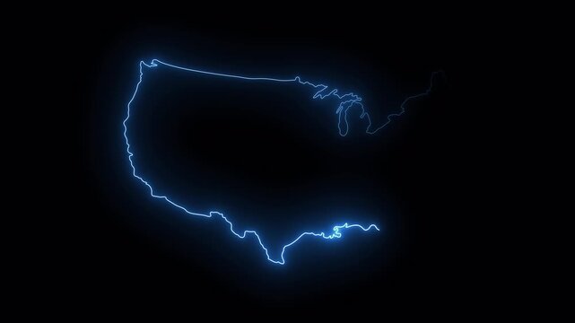 United States map outline animated with blue neon glowing laser light on black background