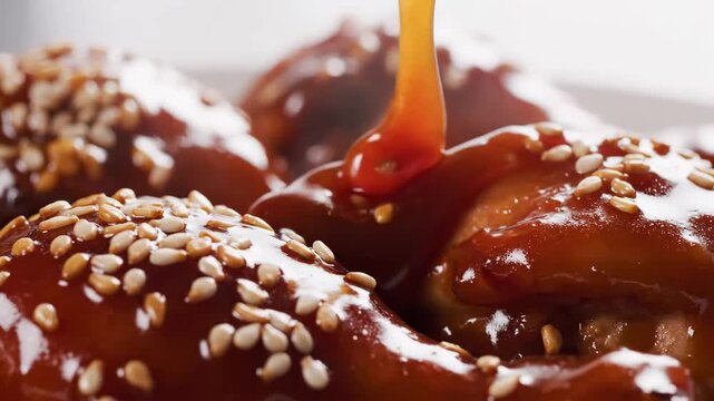 Appetizing Glazed Chicken Drumsticks with Sesame Seeds, Perfect for Restaurant Menus and Food Advertising.