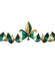 Green and Gold Glitter Ribbon Garland with Fleur De Lis Design on Transparent Background Isolated Clipart Cutout Element