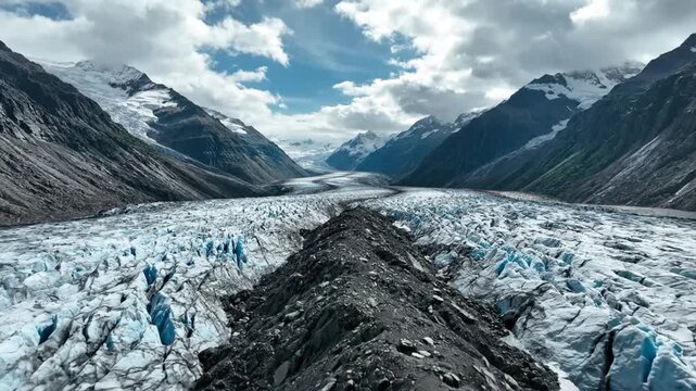 Panoramic glacier valley with vast moraine and snow-capped mountains