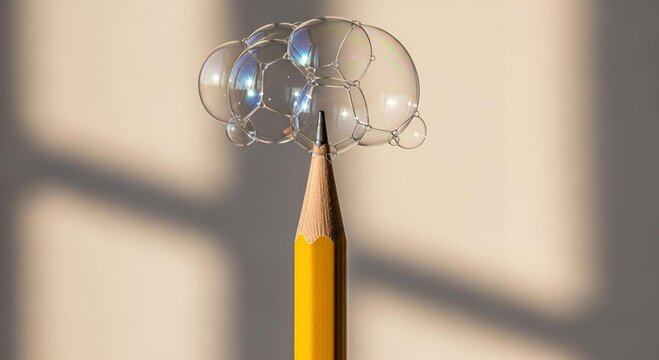 A sharp yellow pencil balances a cluster of iridescent soap bubbles on its tip. A delicate contrast of form and tension.