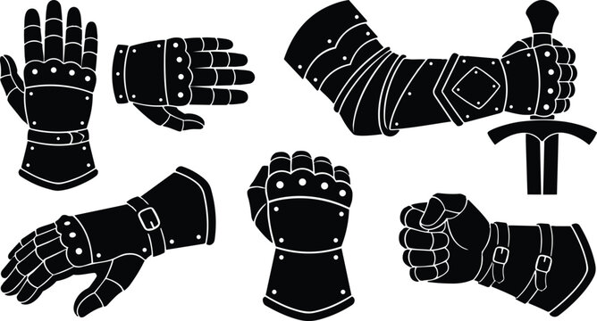 Flat design medieval gauntlet set showing armored hands gripping sword multiple angles close up front side fist