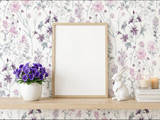 blank frame mockup on white classic wall with soft pink flowers and candle decor