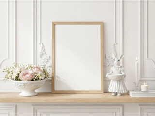 Mockup, blank frame mockup on classic white mantel with floral decor and bunny figurine