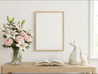 Mockup, blank frame mockup on white wall with floral bouquet, open book and bunny figurine