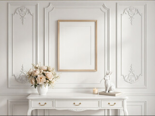 blank frame mockup in elegant white classic interior with floral arrangement and bunny decor