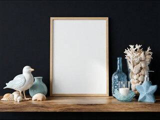 mockup, blank frame mockup on dark blue wall with coastal decor and seashell accents