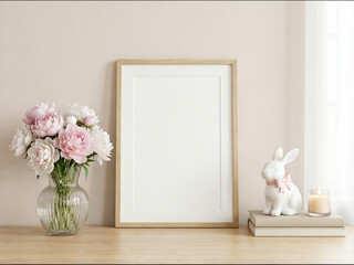 poster frame mockup on classic white wall with romantic pastel accents