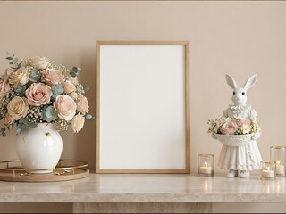 blank frame mockup on elegant mantel with pastel flowers and bunny decor