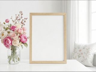 Mockup, blank frame mockup on white wall with pink peony bouquet and soft neutral decor