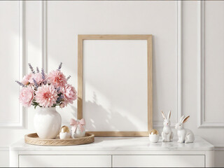 Mockup interior,  blank frame mockup on white cabinet with pastel flowers and bunny figurines
