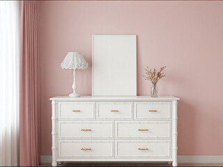vertical frame mockup in pastel feminine room with white cabinet and pink decor