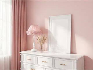 blank frame mockup leaning on dresser in soft pink bedroom interior