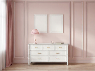 double frame mockup in soft pink classic interior with white dresser