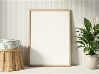 Mockup, blank frame mockup in neutral interior with plant and woven pouf