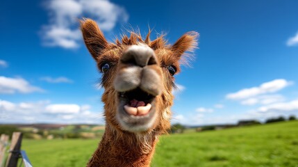 Obraz premium Cute Animal Laughing in Scenic Grassland Captured in Selfie Style
