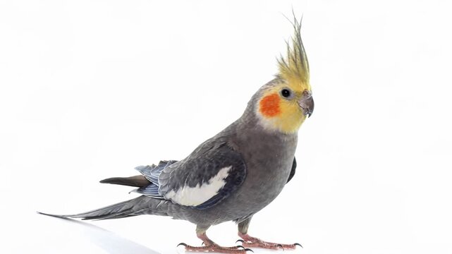 Closeup of Cockatiel walking slowly on white background.