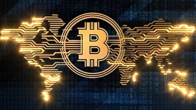 Glowing golden Bitcoin symbol over a digital circuit board world map background