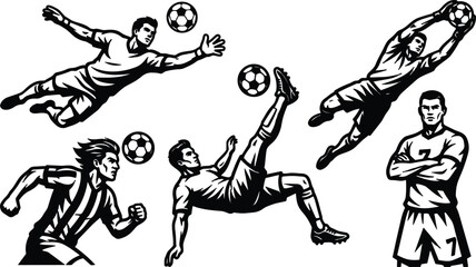 Fototapeta premium Vintage line art soccer player action set showing diving goalkeeper bicycle kick running striker standing captain bold close up dynamic