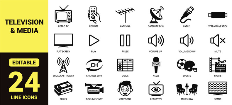 Television and media icon set with retro TV, remote, antenna, satellite dish, cable, streaming stick, flat screen, broadcast tower, movie, sports, series, cartoons, and essential television ranking