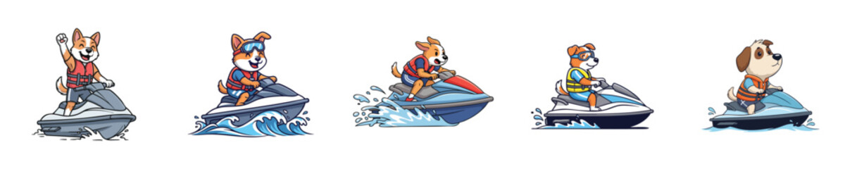 Jet Ski Action Cute Dog Characters Riding Water Adventure Vector Collection