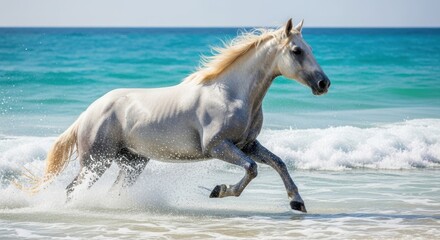Obraz premium White horse gallops in blue ocean